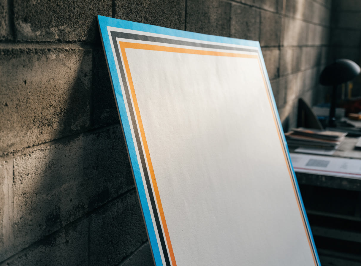 Cartel rígido blanco con bordes de colores recargado en un muro de concreto