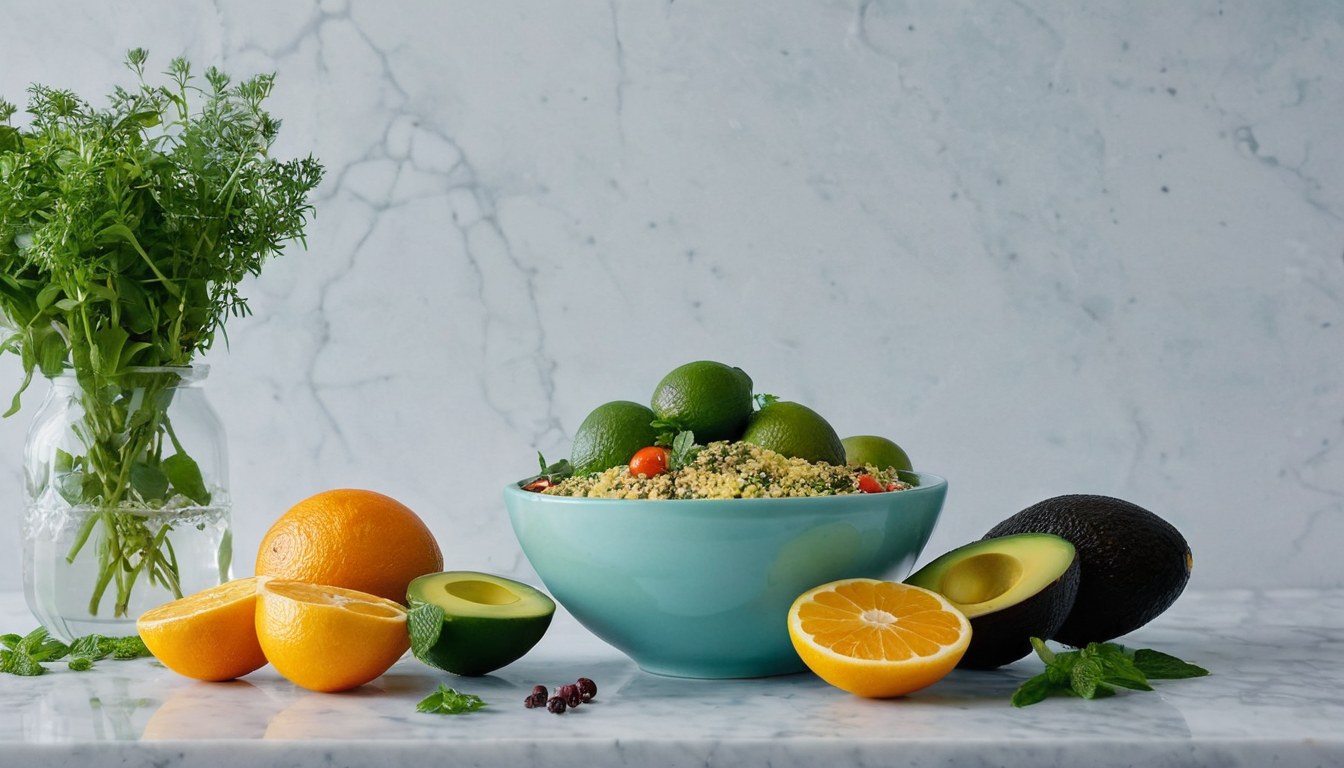 Alimentos frescos y nutritivos sobre una superficie clara — nutrición saludable en Ciudad de México