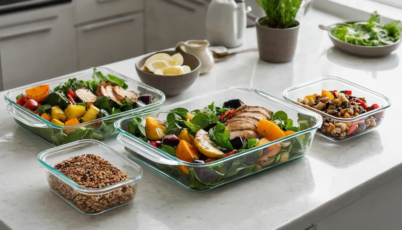 Comidas preparadas saludables en contenedores de vidrio