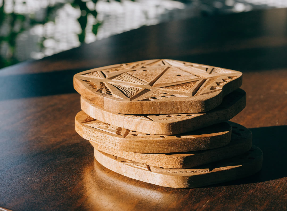 Portavasos de madera grabados con patrones geométricos
