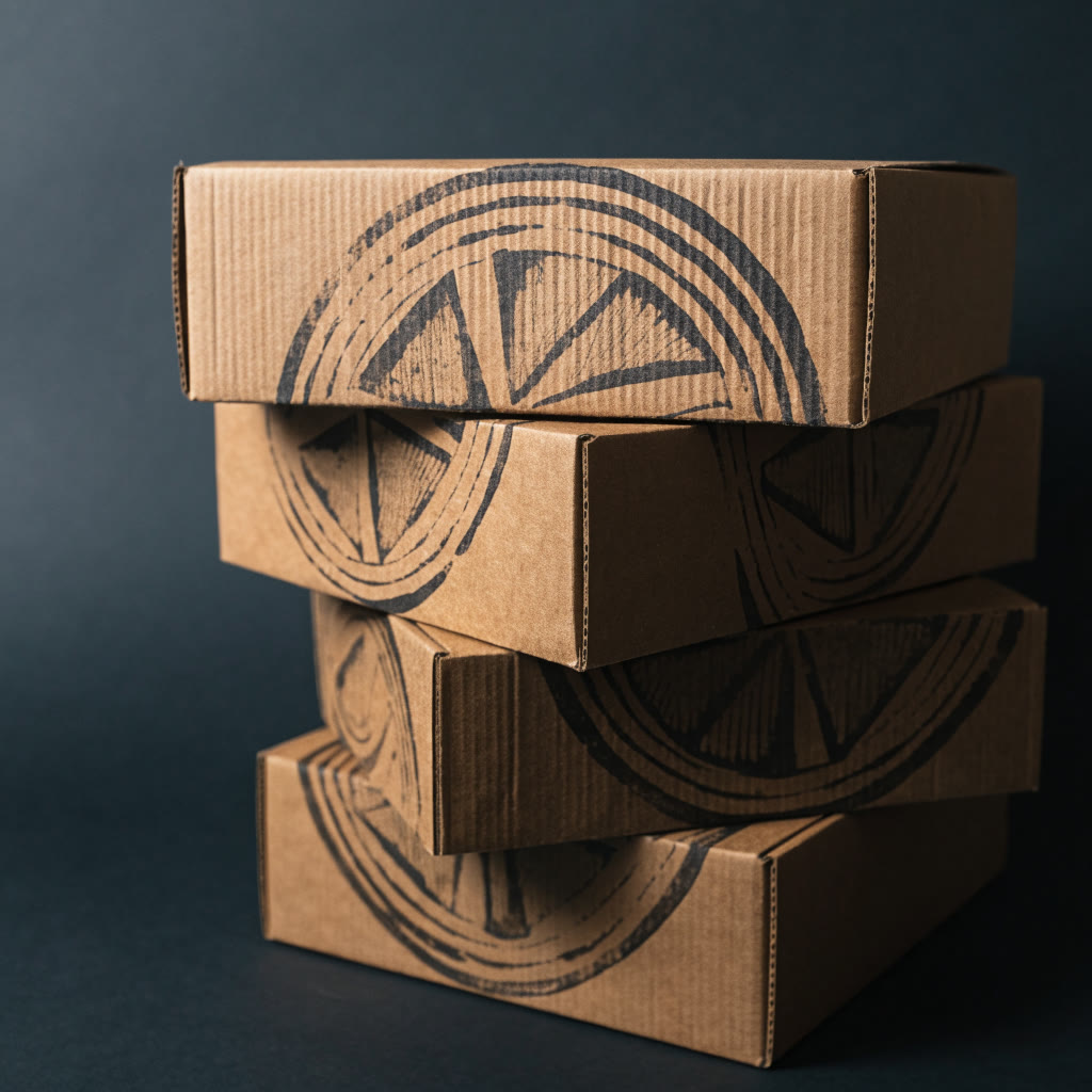 Cajas de cartón kraft marcadas con un sello circular
