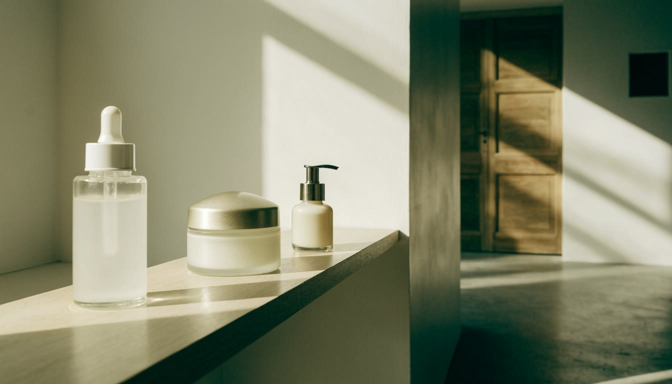 Repisa clara con tres frascos de skincare bajo luz diagonal