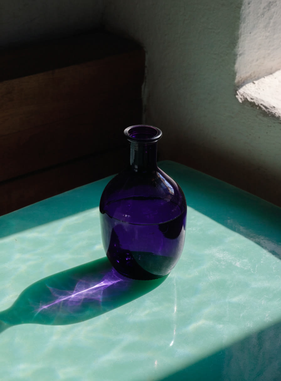 Frasco de vidrio violeta sobre mesa menta