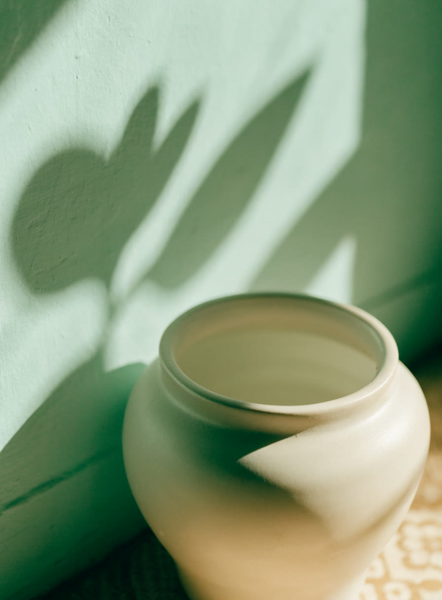Tarro de cerámica con sombras de pétalos