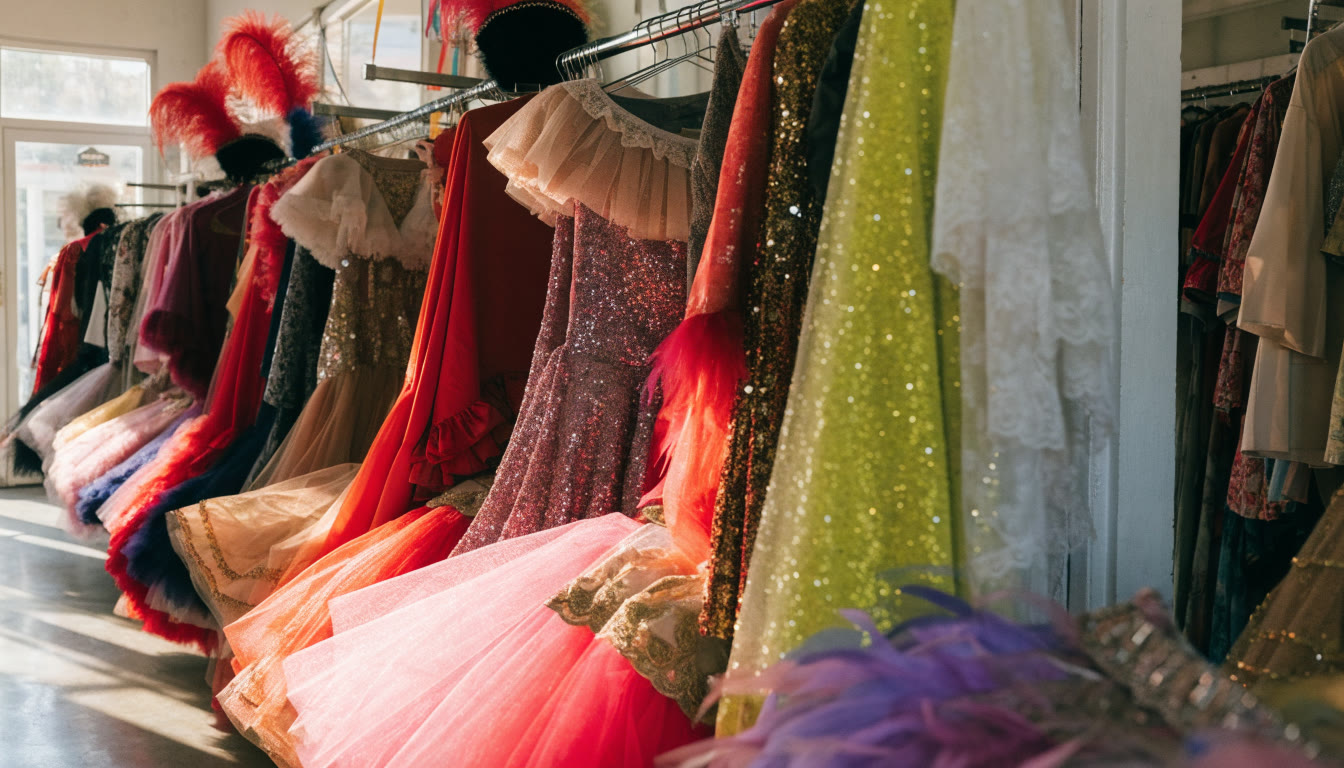 Racks de disfraces de colores en una tienda de renta de disfraces