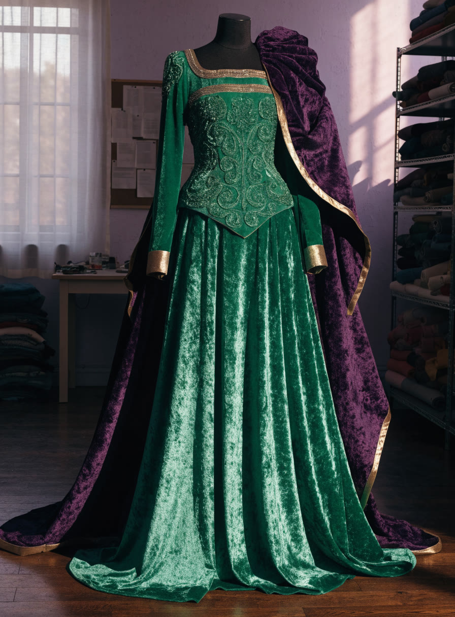 Vestido de fantasía de terciopelo verde con capa morada en maniquí