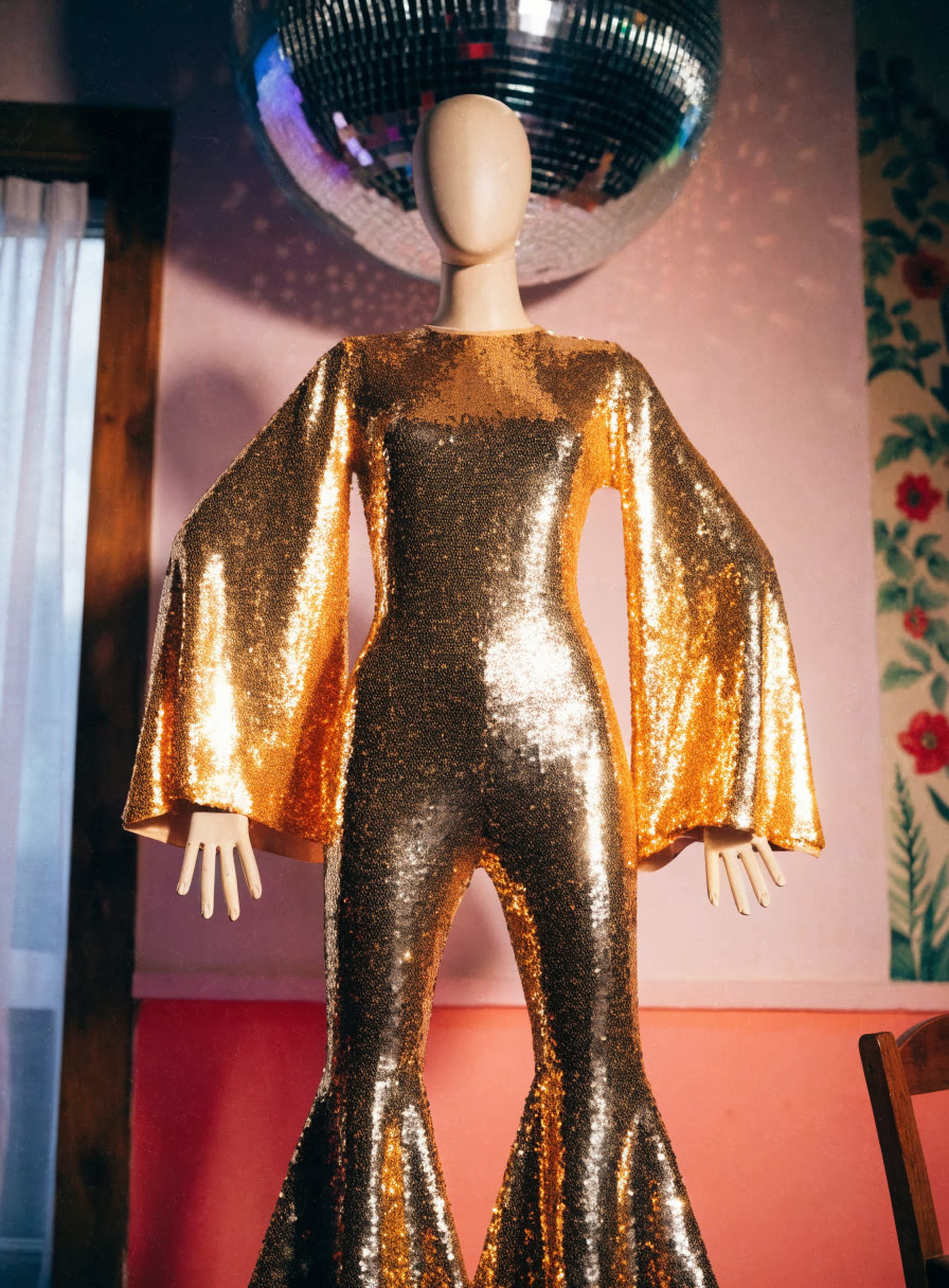 Jumpsuit dorado de lentejuela estilo disco en maniquí