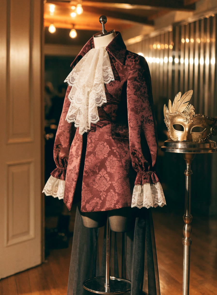 Saco de brocado vino con jabot de encaje y máscara veneciana dorada