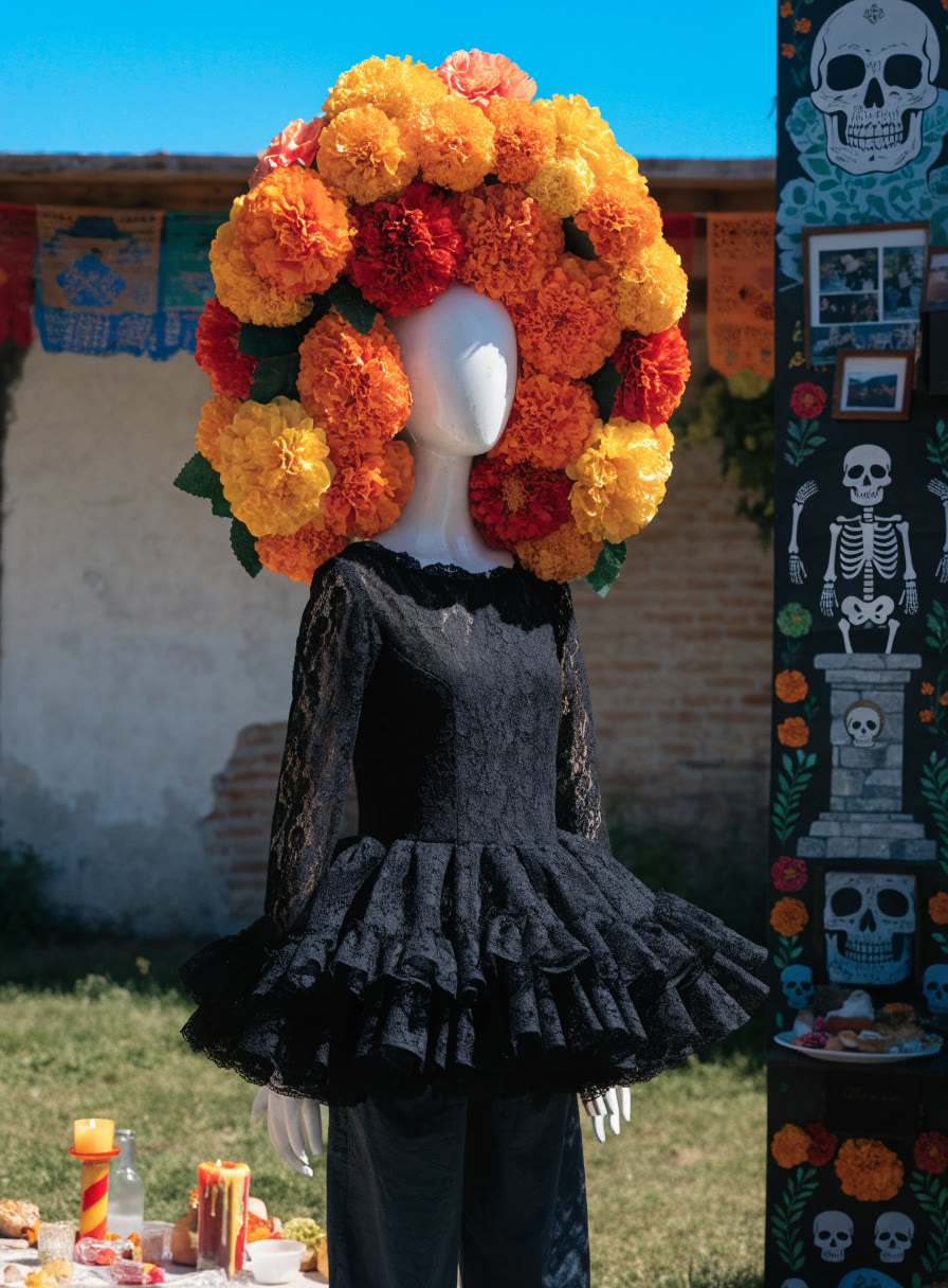 Disfraz de catrina con vestido negro de encaje y corona de cempasúchil