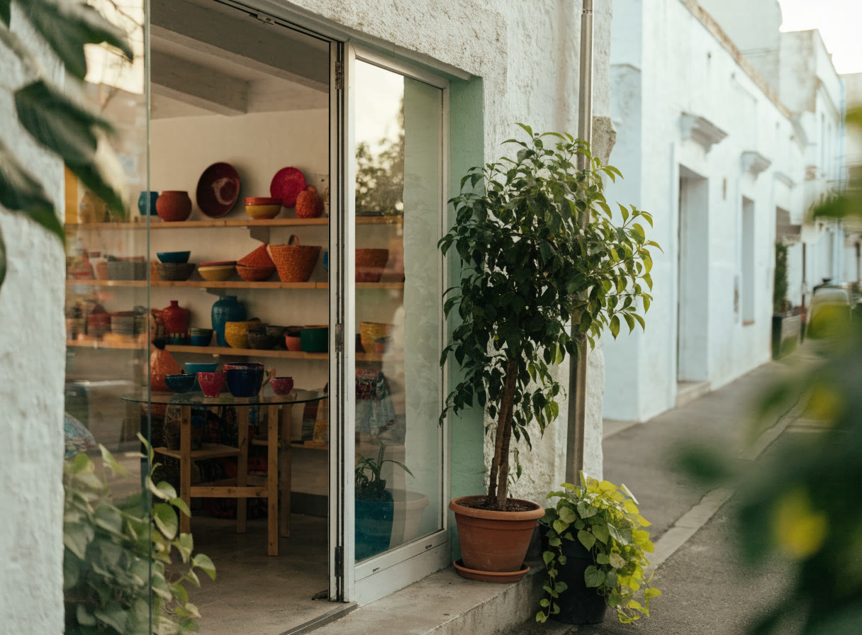 Entrada de un local con aparador de piezas hechas a mano y plantas