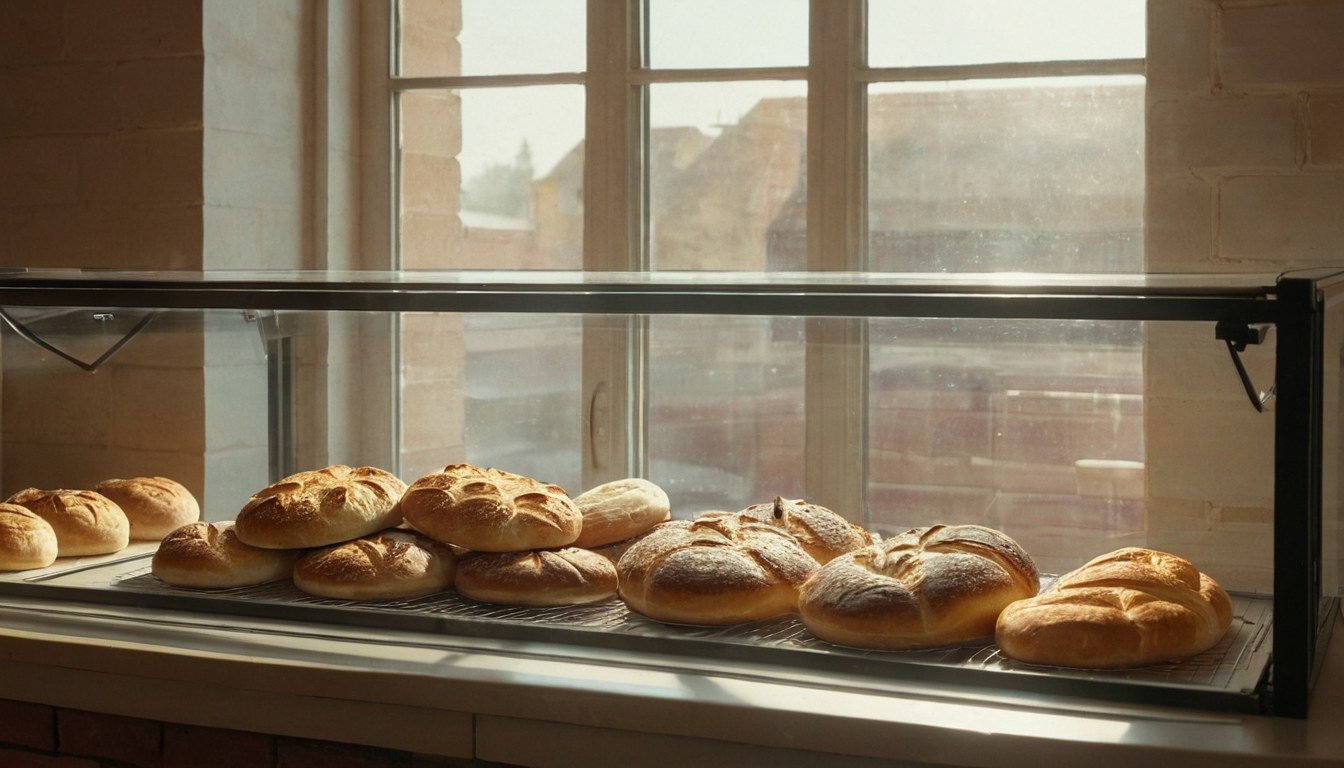 Interior de panadería con vitrina de pan fresco y horno de ladrillo