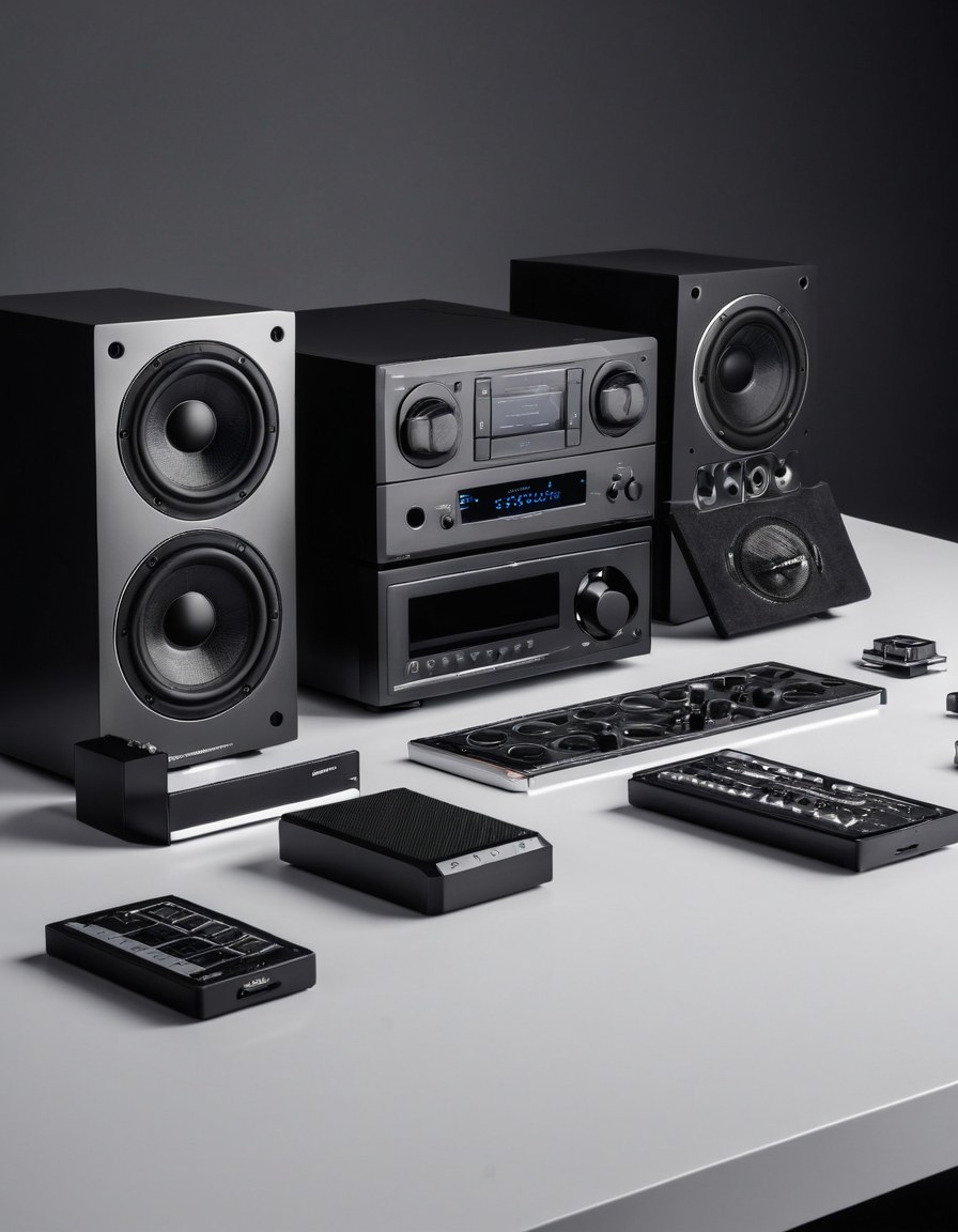 Componentes de car audio acomodados como bloques arquitectónicos sobre un banco de calibración