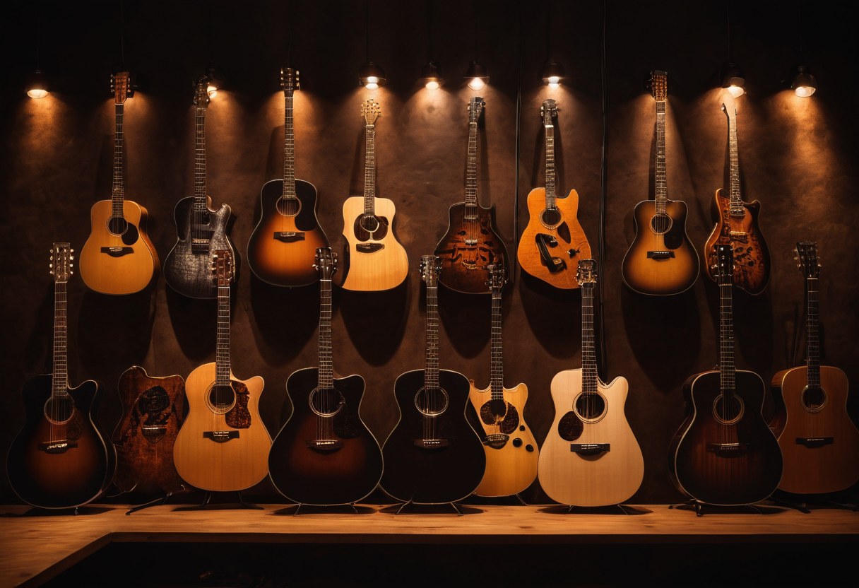 Muro de guitarras acústicas y eléctricas bajo luz suave de taller
