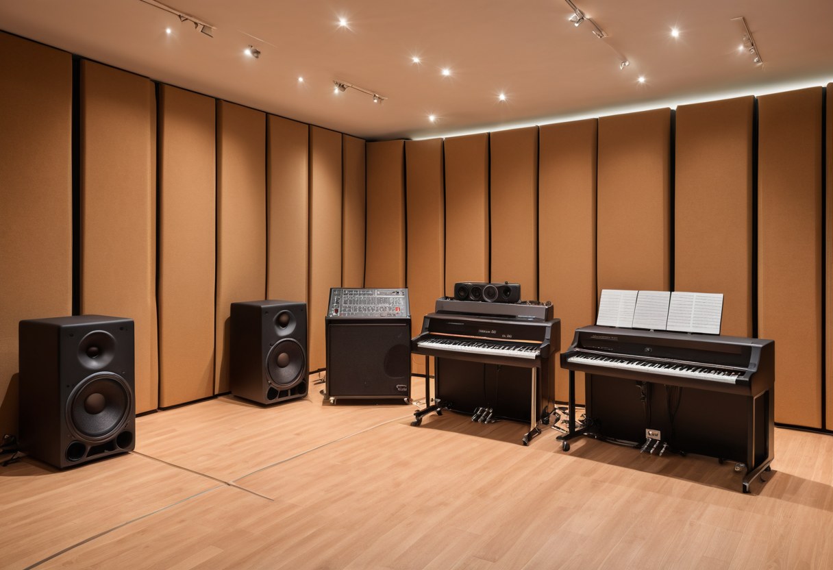 Sala de ensayo en penumbra con piano y luces cálidas de escenario