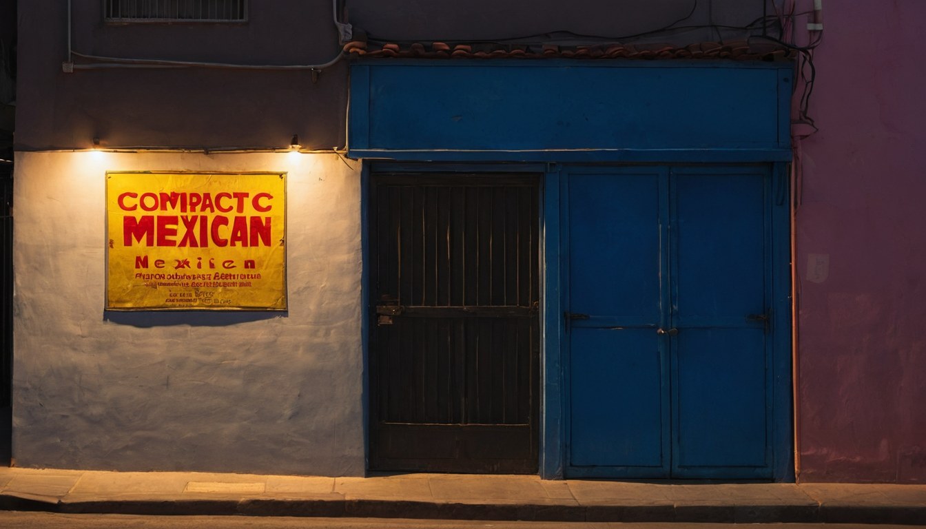 Fachada de un taller de rótulos a la hora azul con un panel luminoso sin letras