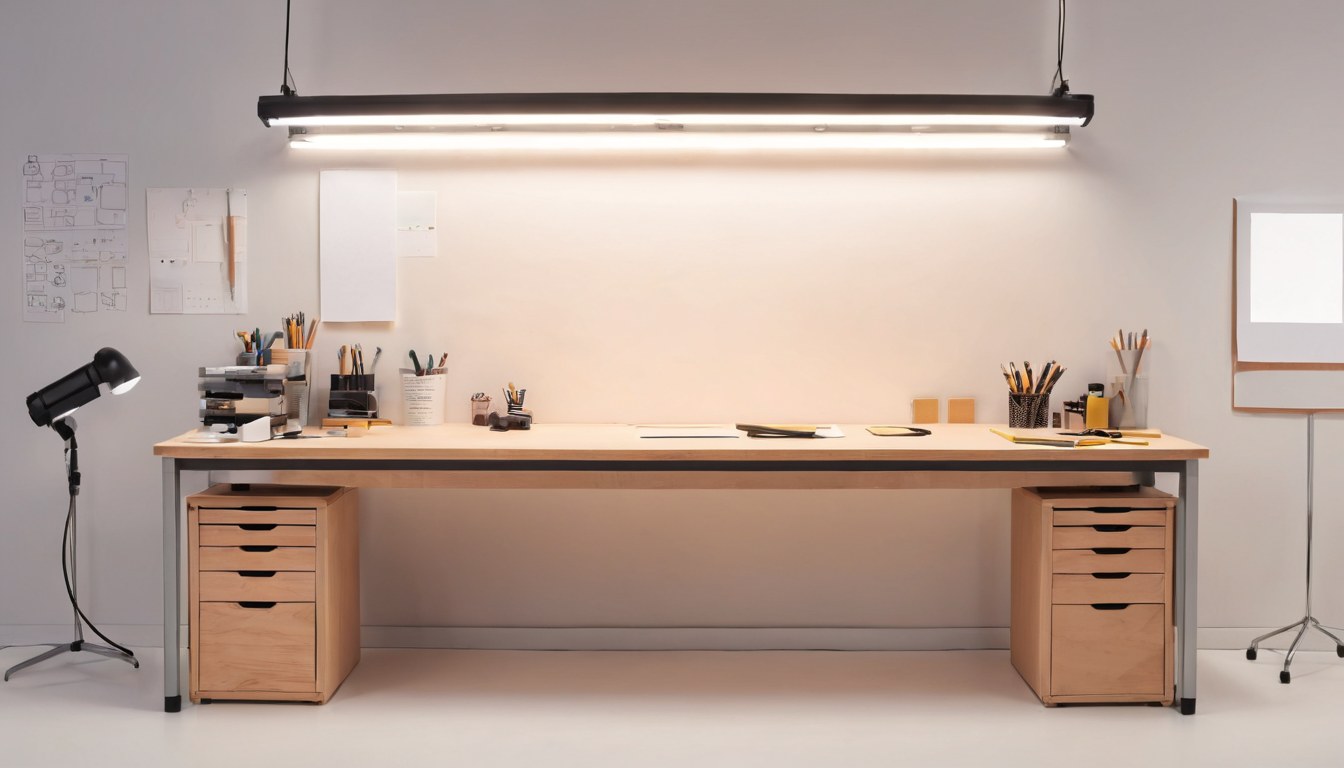 Panorámica del banco de trabajo con prototipos luminosos sin letras y pestañas de papel