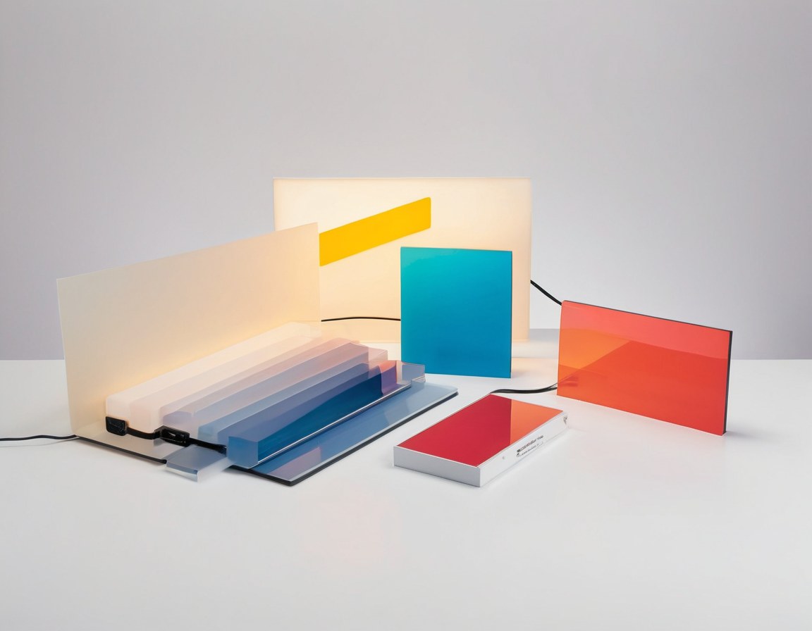 Componentes de anuncio luminoso —acrílico, gabinete y muestras de material— sobre una mesa de taller