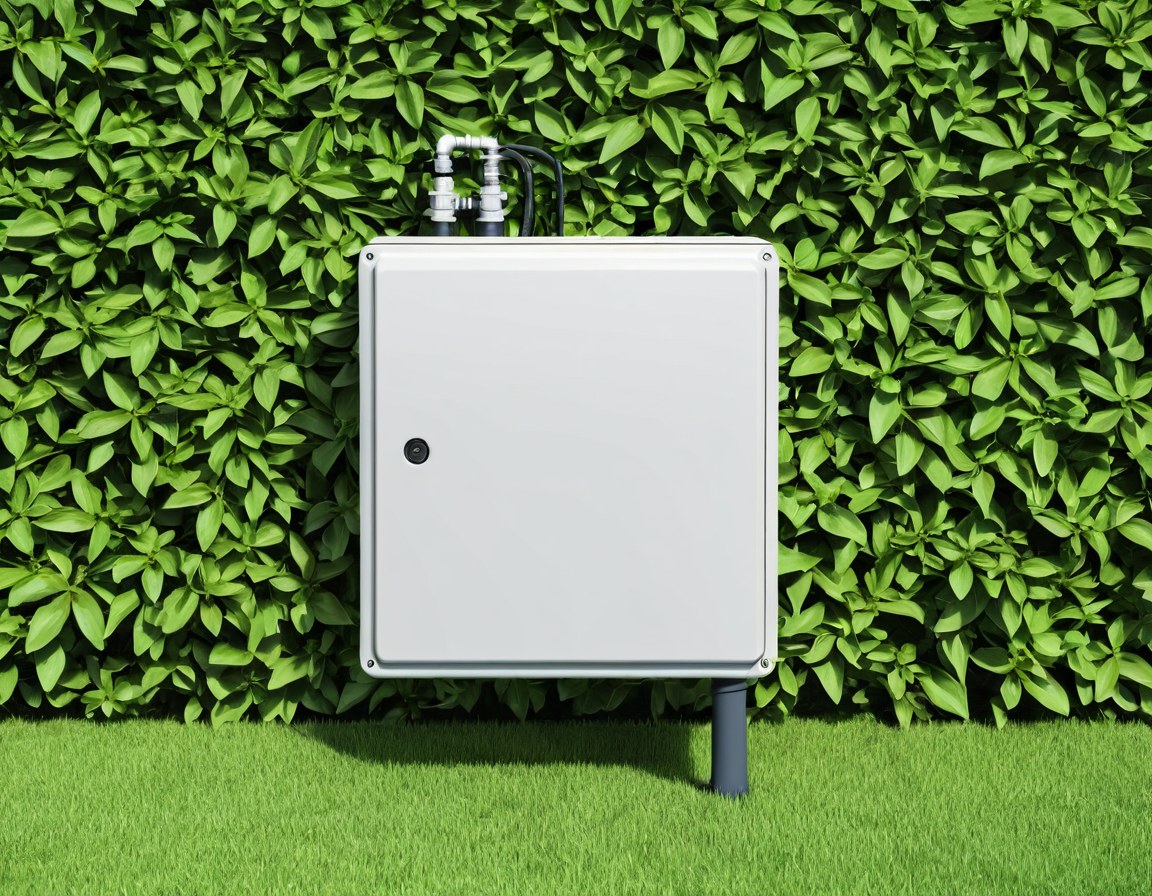 Caja de control de riego instalada en un jardín limpio