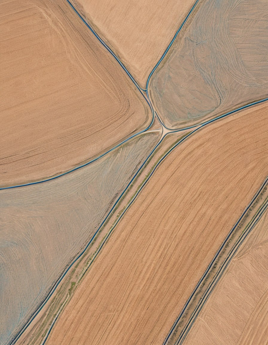 Patrón de riego agrícola visto desde arriba en tonos verdes y tierra
