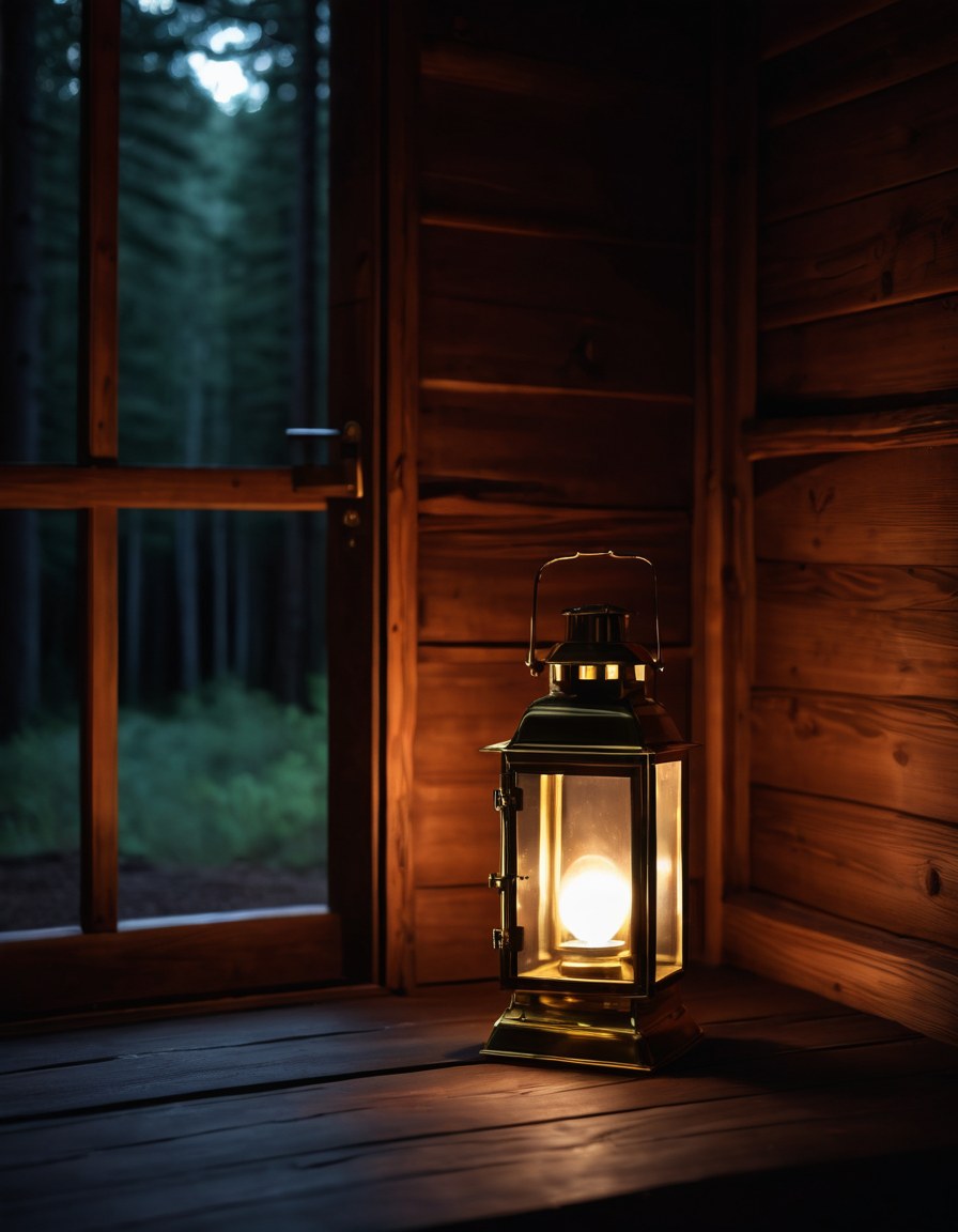 Lámpara de latón encendida en la entrada de una cabaña de cedro por la noche