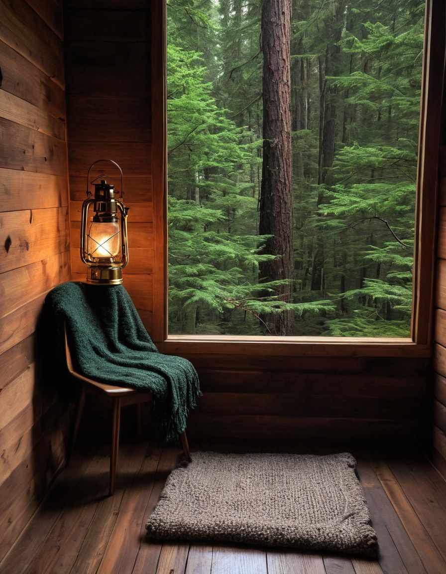 Rincón de lectura junto a la ventana de una cabaña, con manta de lana y lámpara de latón