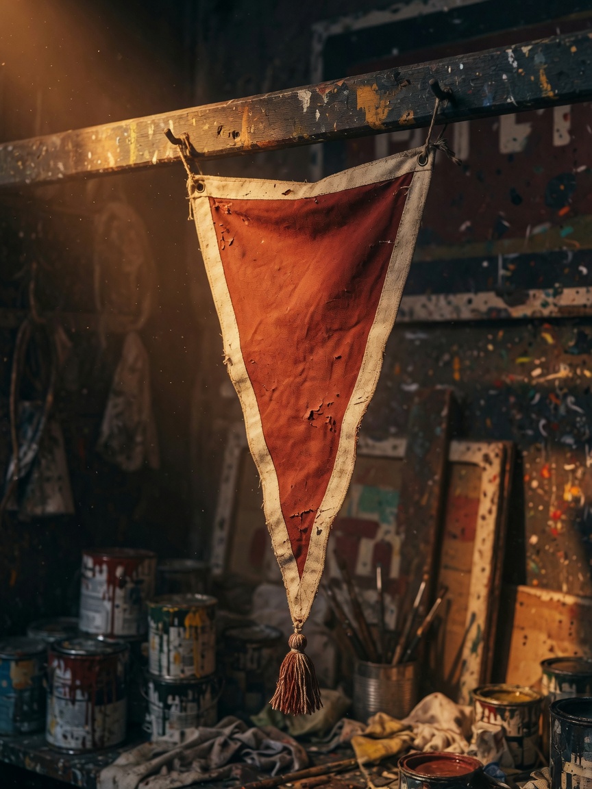 Banderín de tela pintado, con borla, colgado en el taller a media luz