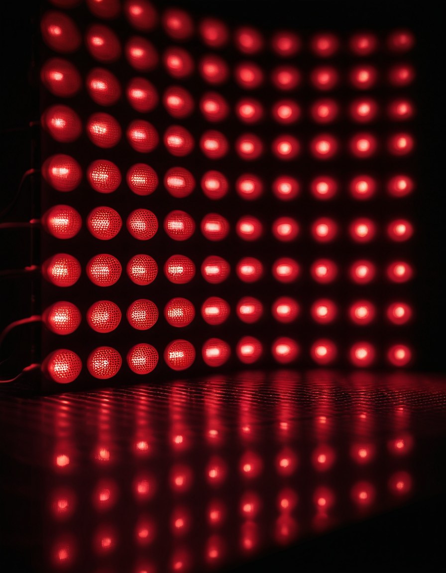 Matriz de leds encendida en rojo y blanco dentro del taller a media luz