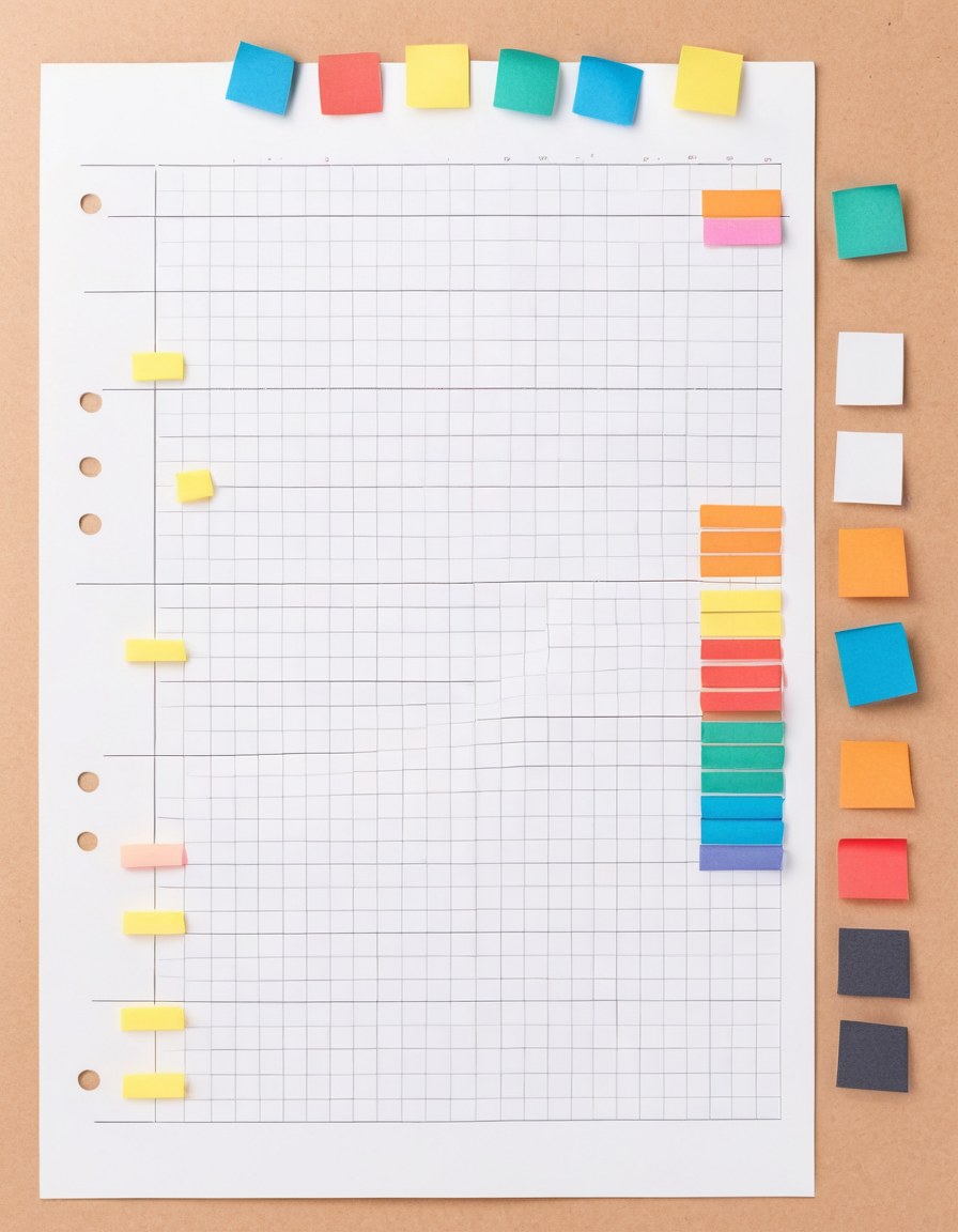 Hoja de calendario mensual en blanco con pestañas de papel de colores