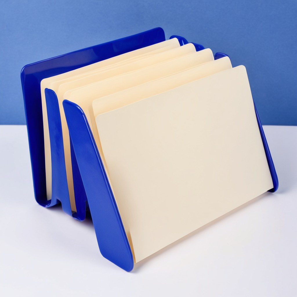 Organizador de expedientes vacío con tarjetas color crema y separadores azul cobalto