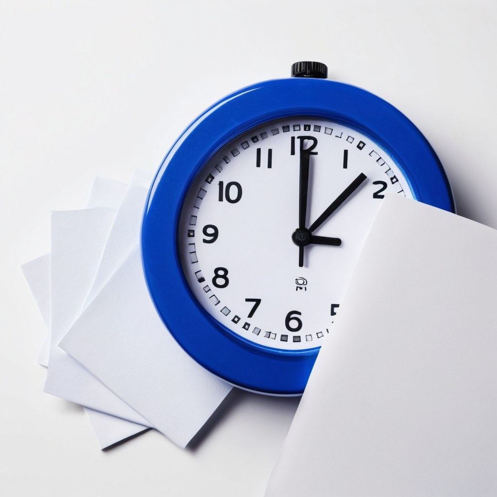 Reloj de escritorio circular azul cobalto junto a notas blancas en blanco