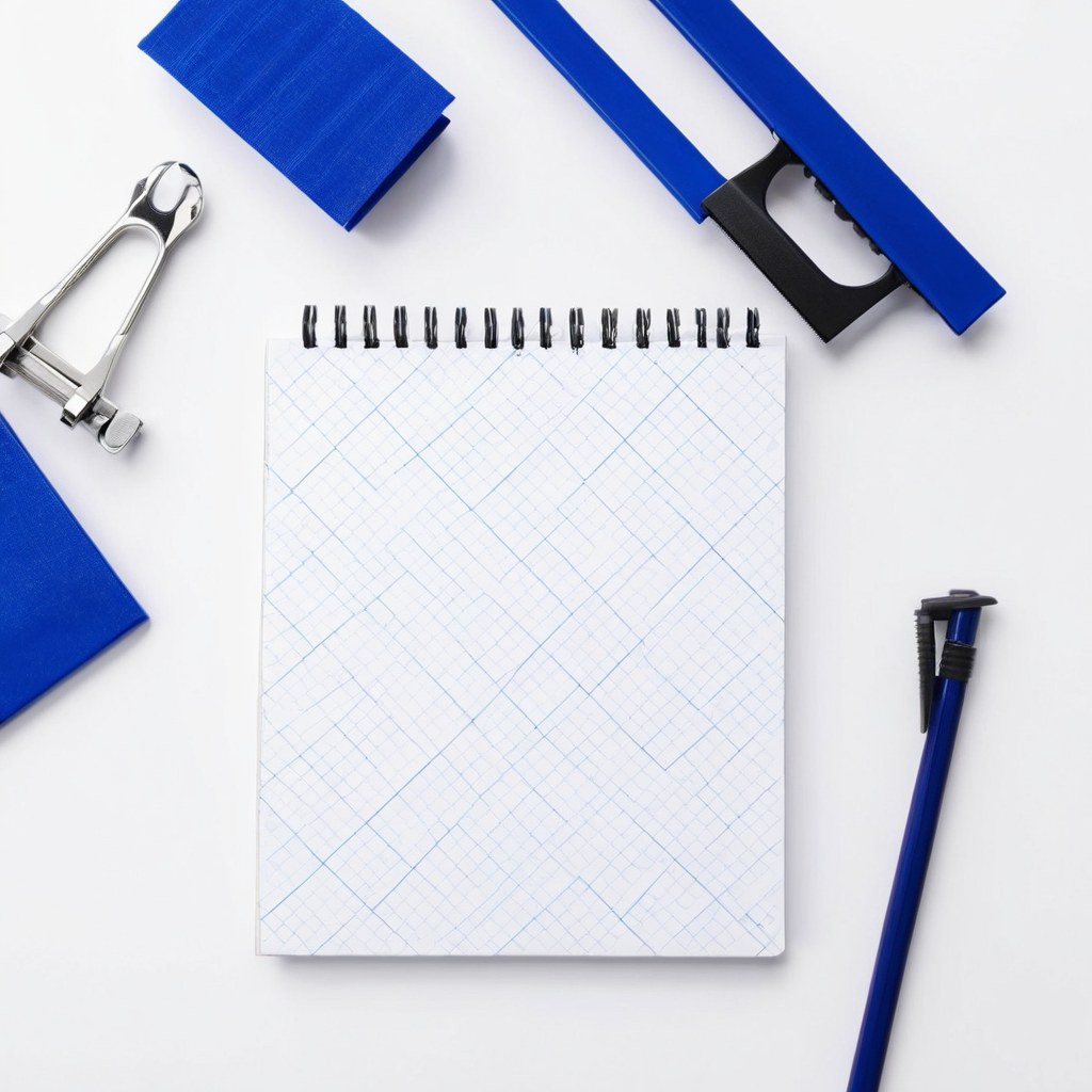 Escritorio blanco con una pinza sujetapapeles negra y una regla azul cobalto