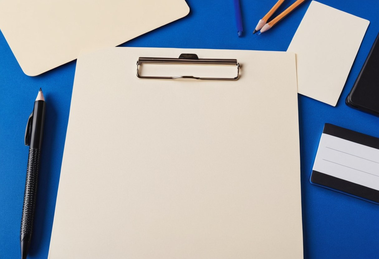 Expedientes de papel en blanco con pestañas azul cobalto sobre un escritorio de reclutamiento