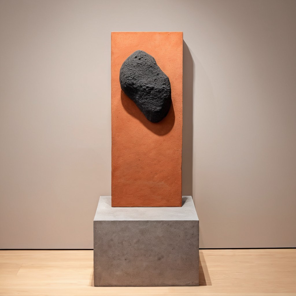 Escultura abstracta en terracota y piedra volcánica sobre un plinto de galería