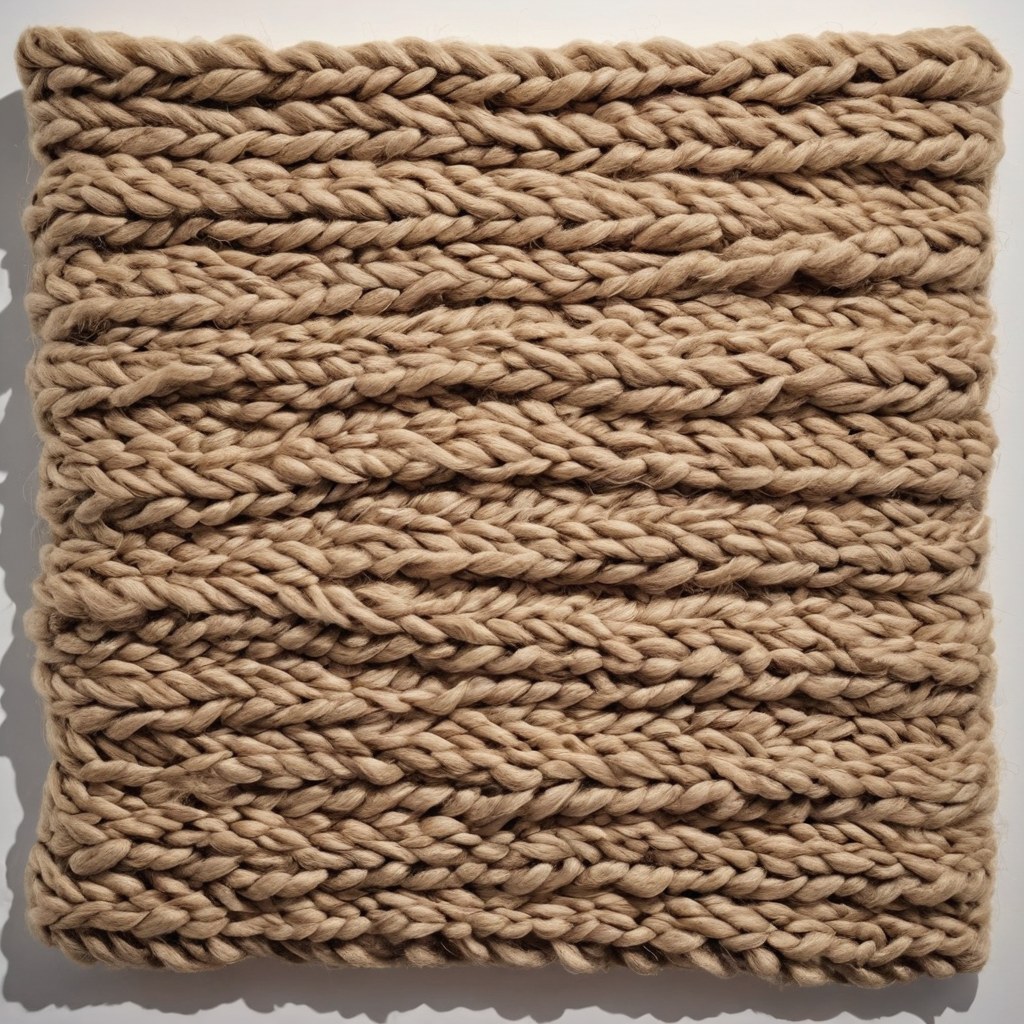 Abstracción textil en fibras naturales sobre muro neutro, con detalle de trama
