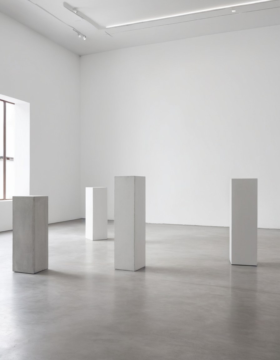 Sala de galería vacía durante el montaje, con plintos blancos y obra abstracta enmarcada bajo luz cálida