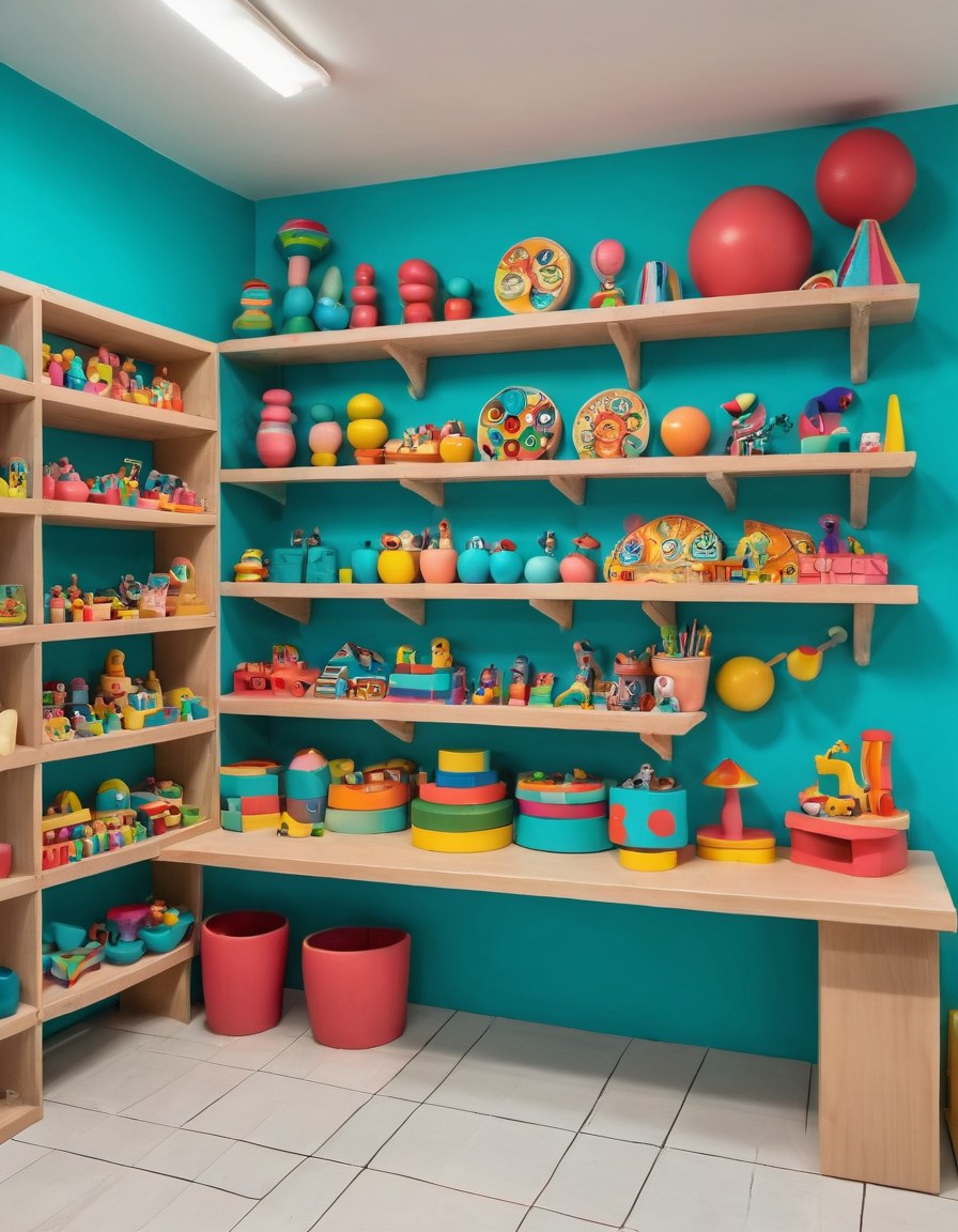 Interior de una juguetería urbana con repisas ordenadas de formas de juguete redondeadas y muebles color crema