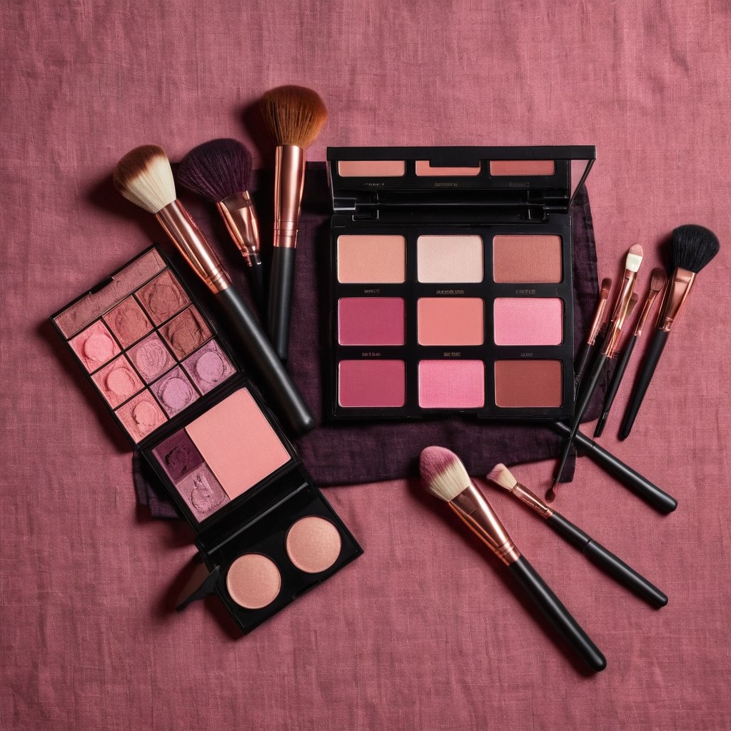 Pinceles de maquillaje y paletas de rubor en tonos vino y nude sobre lino