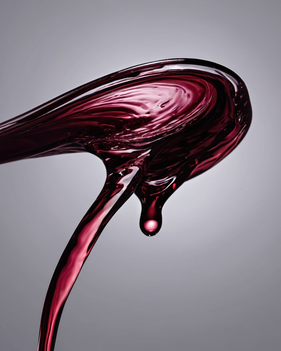 Macro editorial de líquido cosmético vino profundo con un reflejo curvo suave