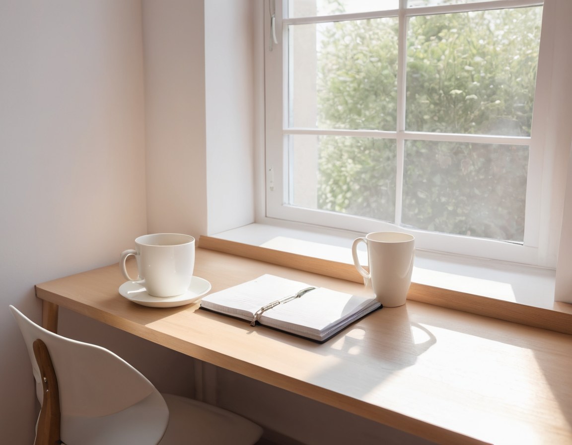 Escritorio de un despacho contable con una carpeta cerrada junto a la ventana