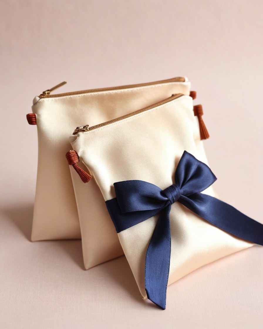 Bolsas de satín en color crema y azul tinta junto a una mecha enrollada de cabello castaño