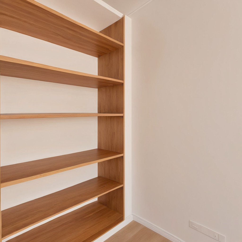Alacena a la medida con entrepaños de madera vacíos e iluminación natural