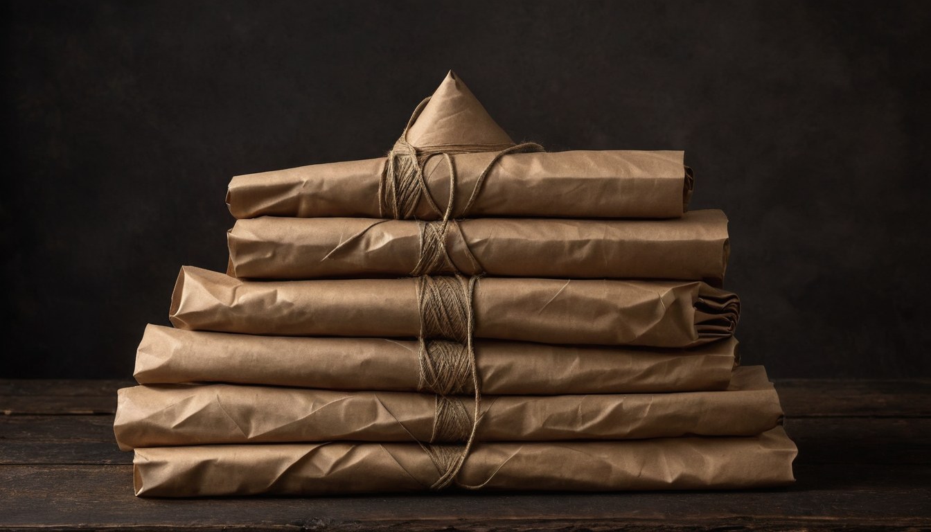 Uniformes en blanco apilados junto a papel de envoltura y conos de hilo