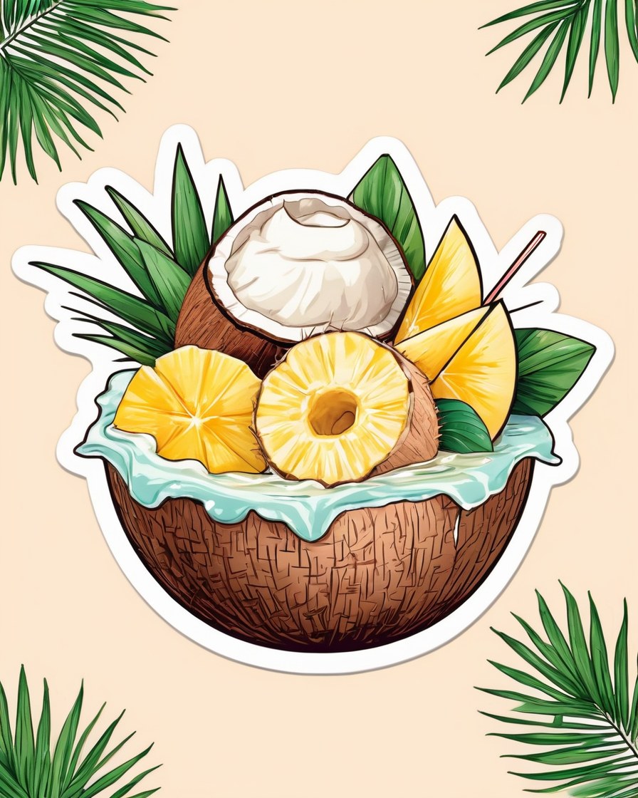 Postre frío de coco y piña servido en media cáscara de coco