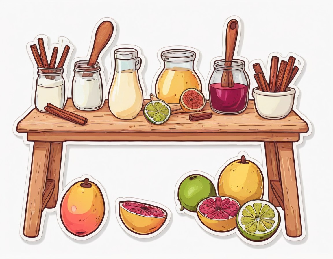 Mango, limón, flor de jamaica, canela y crema acomodados sobre la mesa de trabajo