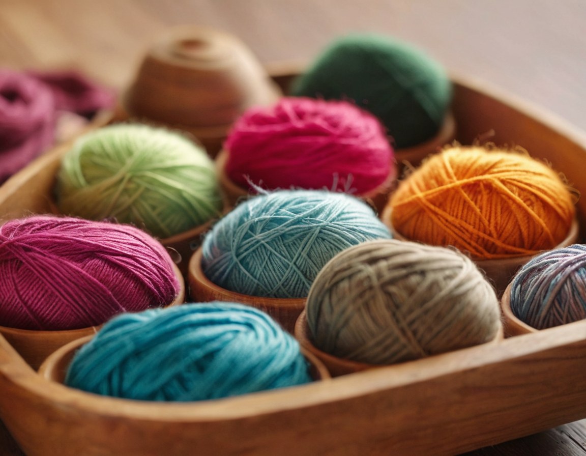 Estambres de colores acomodados en cuencos de madera para el taller del día
