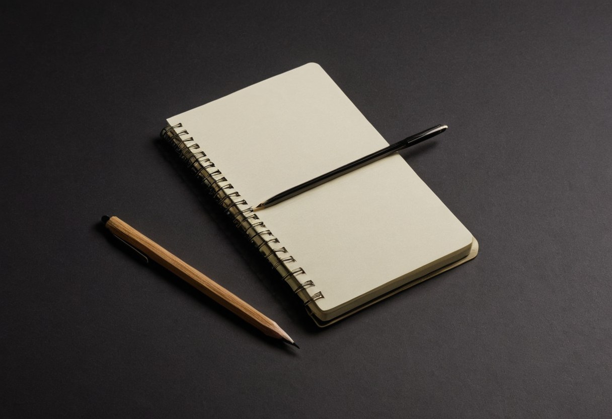 Libreta de campo con hojas en blanco, lapicero y una tarjeta sin rotular sobre lona oscura