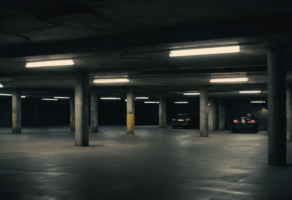 Estacionamiento subterráneo de noche con columnas de concreto y un auto bajo una luz fría