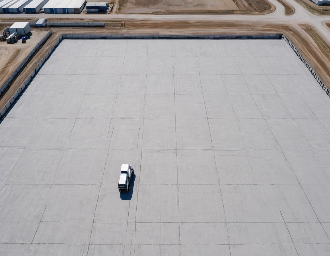 Gran patio de maniobras de concreto con juntas de dilatación que se pierden en el horizonte