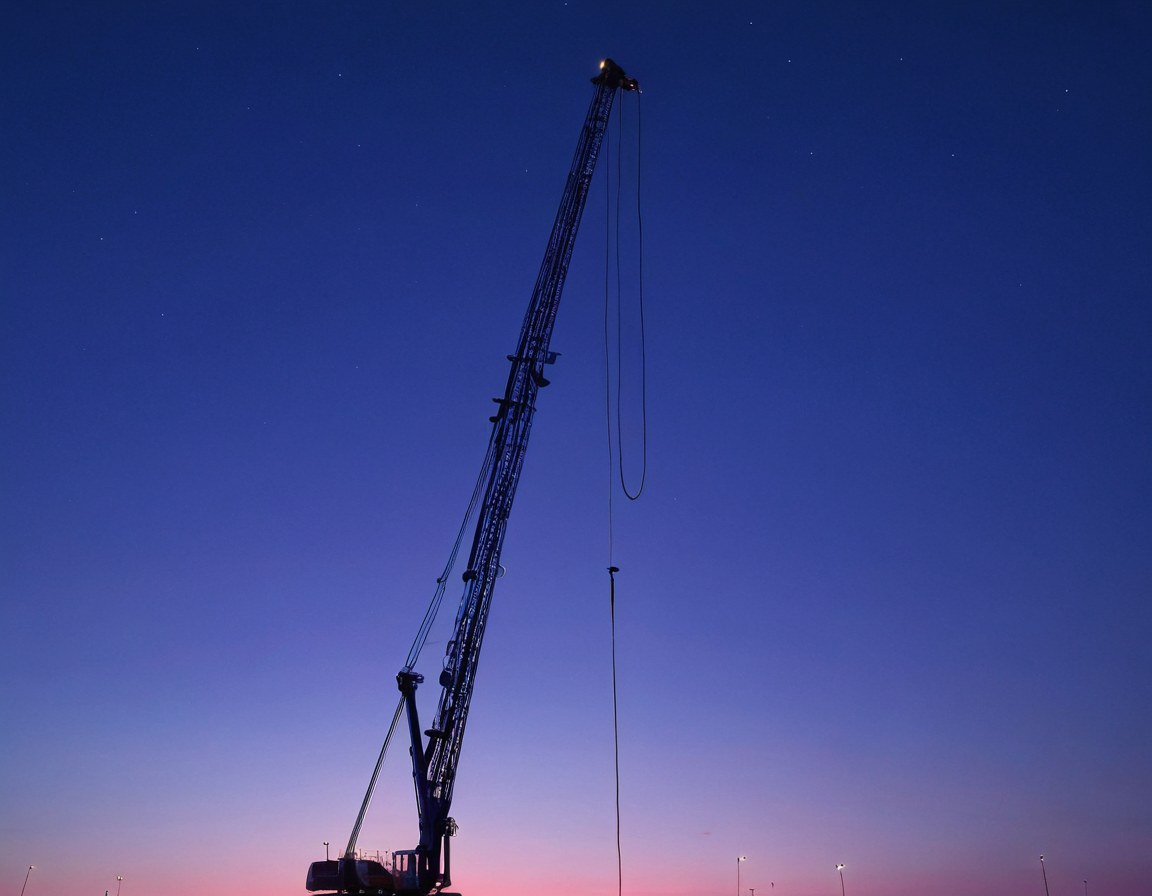 Pluma de bomba de concreto totalmente extendida sobre una obra grande a la hora azul