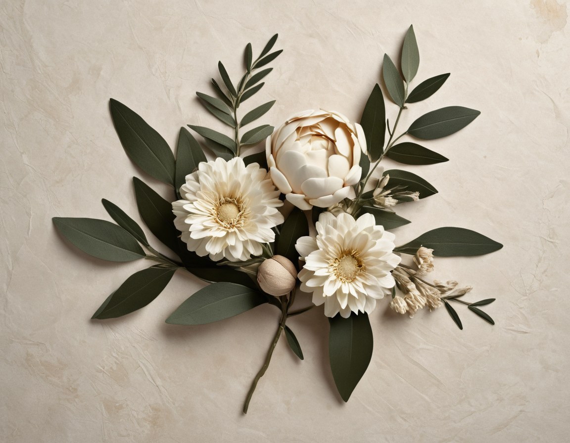 Composición floral escultórica de flores blancas y ramas de olivo sobre papel hecho a mano